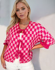 Double Take Tied Checkered Dropped Shoulder Flounce Sleeve Cardigan