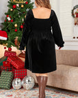 Plus Size Smocked Square Neck Long Sleeve Dress- Black