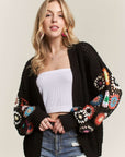 ADORA Full Size Contrast Crochet Open Front Long Sleeve Cardigan- Black