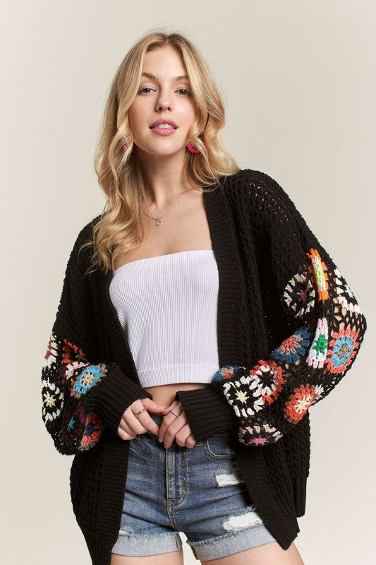 ADORA Full Size Contrast Crochet Open Front Long Sleeve Cardigan- Black