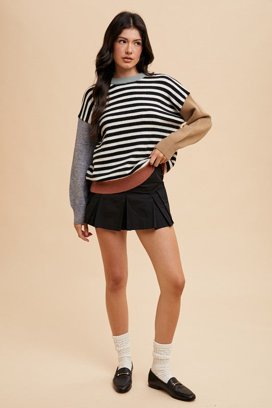 Annie Wear Striped Color Block Round Neck Sweater-Ivory/Black