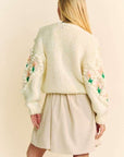 Davi & Dani Floral Pattern Button Down Cardigan- Cream