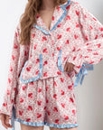 Valentine’s Day Frill Strawberry Print Flounce Sleeve Top and Shorts Lounge Set