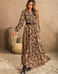 Ruched Printed Notched Long Sleeve Maxi Dress