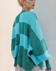 Double Take Slit Color Block Mock Neck Batwing Sleeve Sweater