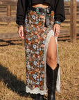 Brown Cheetah Print Trim Split Long Western Skirt
