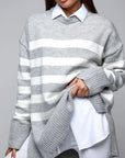 Slit Striped Round Neck Sweater