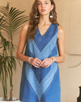 ADORA Chevron Color Block V-Neck Denim Dress-.Denim