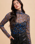 Annie Wear Floral Lettuce Hem Sheer Mesh Top- Black/Blue