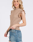 Ces Femme Texture Mock Neck Ruffle Cap Sleeve Blouse