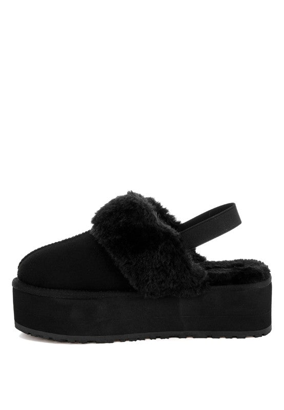 Kutchu Faux Fur Trim Platform Classic Slingback- Black