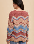 Annie Wear Multi Color Zig-Zag Round Neck Sweater- Rose