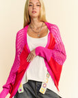 Davi & Dani Openwork Contrast Open Front Cardigan- Red Multicolor