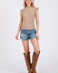 Ces Femme Texture Mock Neck Ruffle Cap Sleeve Blouse