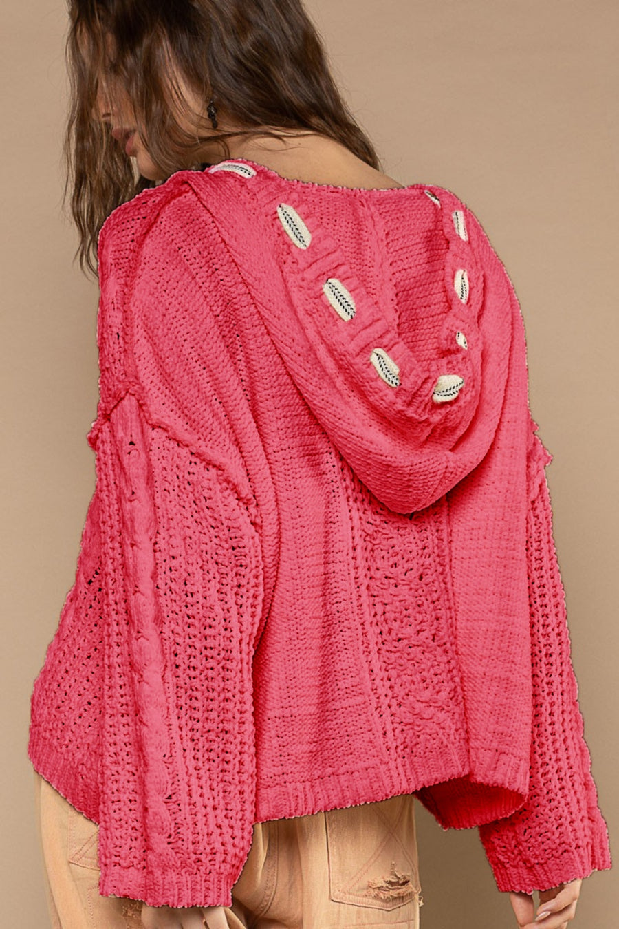 POL Cable Knit Hooded Chenille Sweater-Fuschia