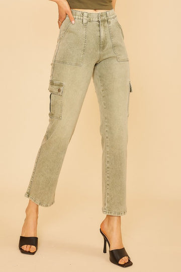 Annie Wear Straight Leg Jeans with Cargo Pockets- Sage