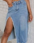 Raw Hem Slit Denim Skirt with Pockets