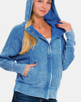 Zenana Washed Zip Up Hooded Jacket