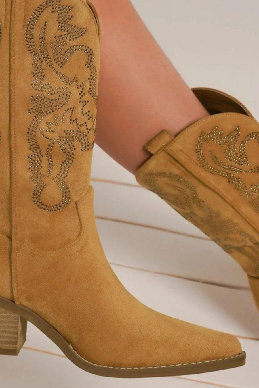 Beast Fashion Rhinestone Detail Point Toe Boots- Camel