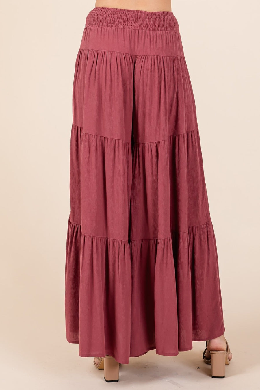 Mittoshop Tier Detail Smocked Elastic Waist Wide Leg Pants- Sienna Rust