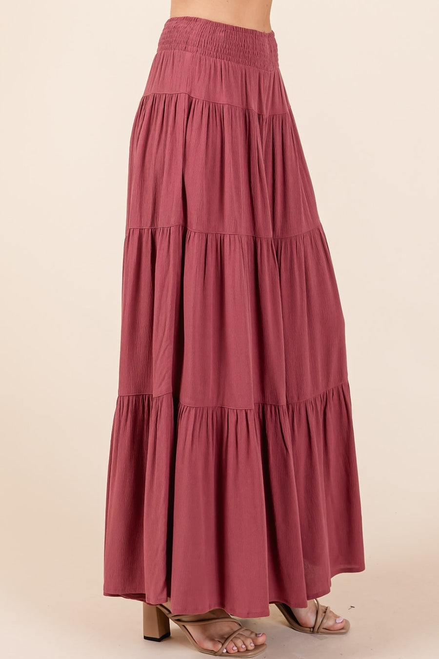 Mittoshop Tier Detail Smocked Elastic Waist Wide Leg Pants- Sienna Rust