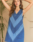 ADORA Chevron Color Block V-Neck Denim Dress-.Denim