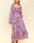 Haptics Smocked Floral Square Neck Flounce Sleeve Dress- Lavender