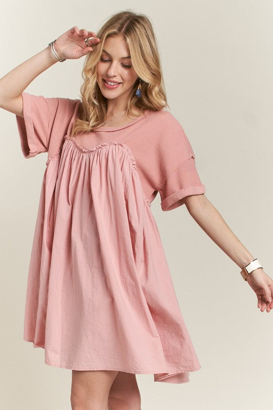 ADORA Round Neck Half Sleeve Babydoll Dress- Dusty Pink