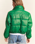 J.NNA Turtleneck Snap and Zipper Closure Crop Puff Jacket in Green