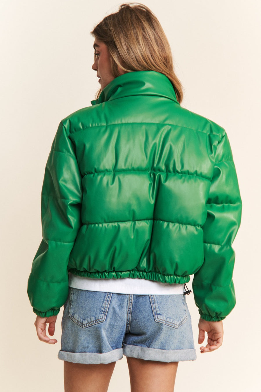 J.NNA Turtleneck Snap and Zipper Closure Crop Puff Jacket in Green