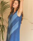 ADORA Chevron Color Block V-Neck Denim Dress-.Denim