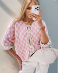 Double Take Tied Checkered Dropped Shoulder Flounce Sleeve Cardigan