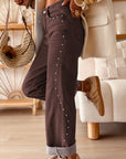 Coffee Side Seam Rivet Detail Ankle Length Casual Jeans