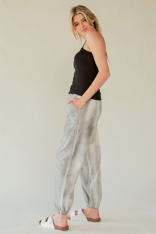 Davi & Dani Rhinestone Elastic Waist Joggers-Light Gray