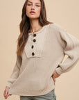 Annie Wear Half Button Ribbed Hem Sweater-oatmeal