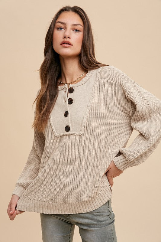 Annie Wear Half Button Ribbed Hem Sweater-oatmeal