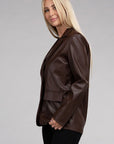 Sleek Pu Leather Blazer with Front Closure