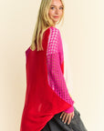 Davi & Dani Openwork Contrast Open Front Cardigan- Red Multicolor