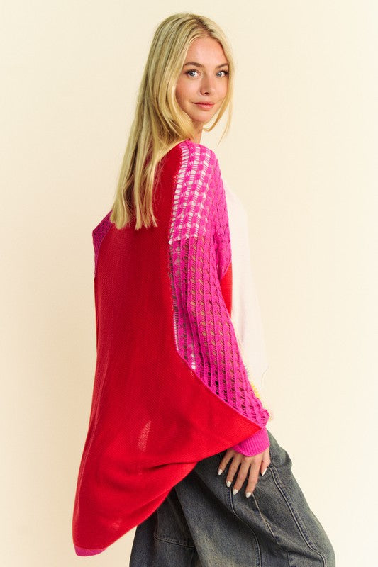 Davi & Dani Openwork Contrast Open Front Cardigan- Red Multicolor