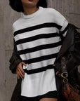 Slit Striped Round Neck Sweater