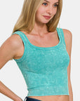 Zenana Washed Ribbed Scoop Neck Wide Strap Tank- Lt teal