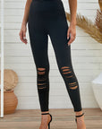 Double Take Wide Waistband Distressed Slim Fit Leggings- Black