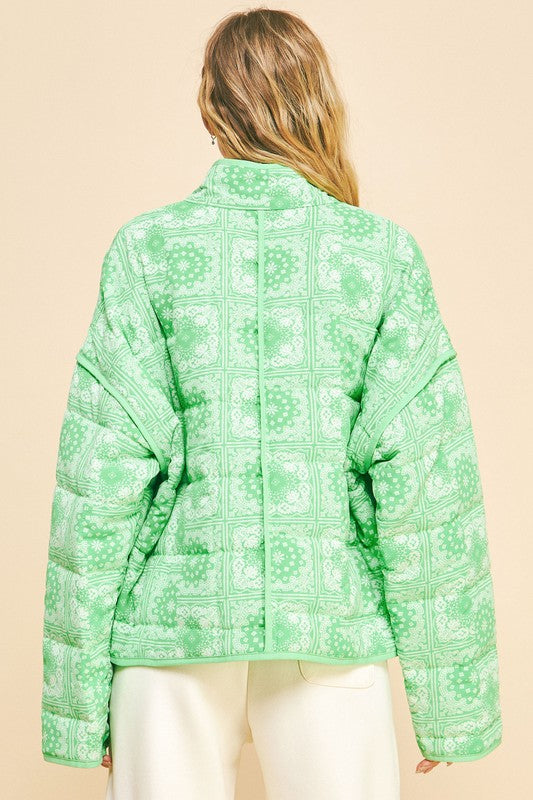 Davi & Dani Vintage Print Open Front Jacket with Pockets-Neon Green