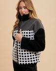 Annie Wear Plaid Zip Up Drop Shoulder Sherpa Jacket-Ivory/Black