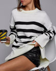 Slit Striped Round Neck Sweater