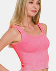 Zenana Washed Ribbed Scoop Neck Wide Strap Tank- Coral Fuchsia