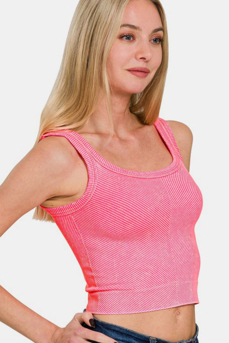 Zenana Washed Ribbed Scoop Neck Wide Strap Tank- Coral Fuchsia