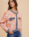 Annie Wear Floral Jacquard Denim Contrast Button Down Jacket- Coral