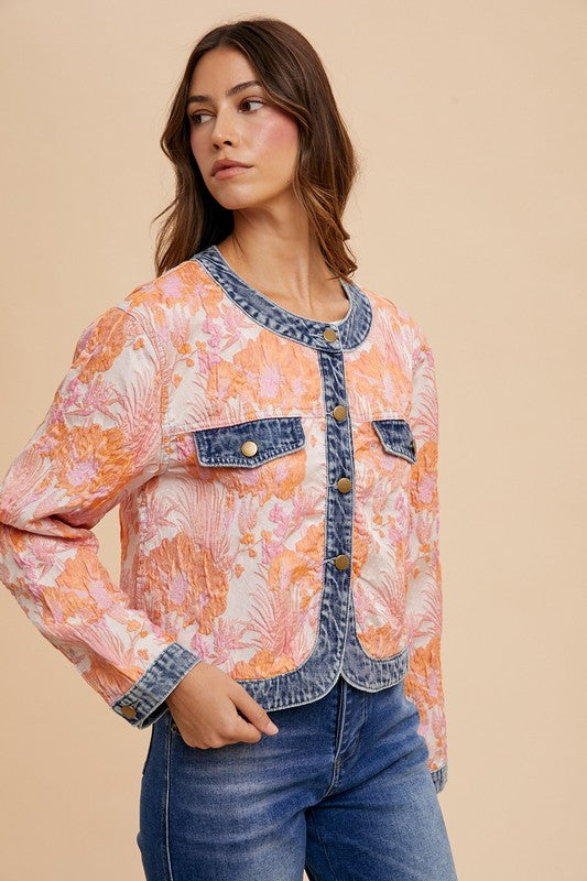 Annie Wear Floral Jacquard Denim Contrast Button Down Jacket- Coral