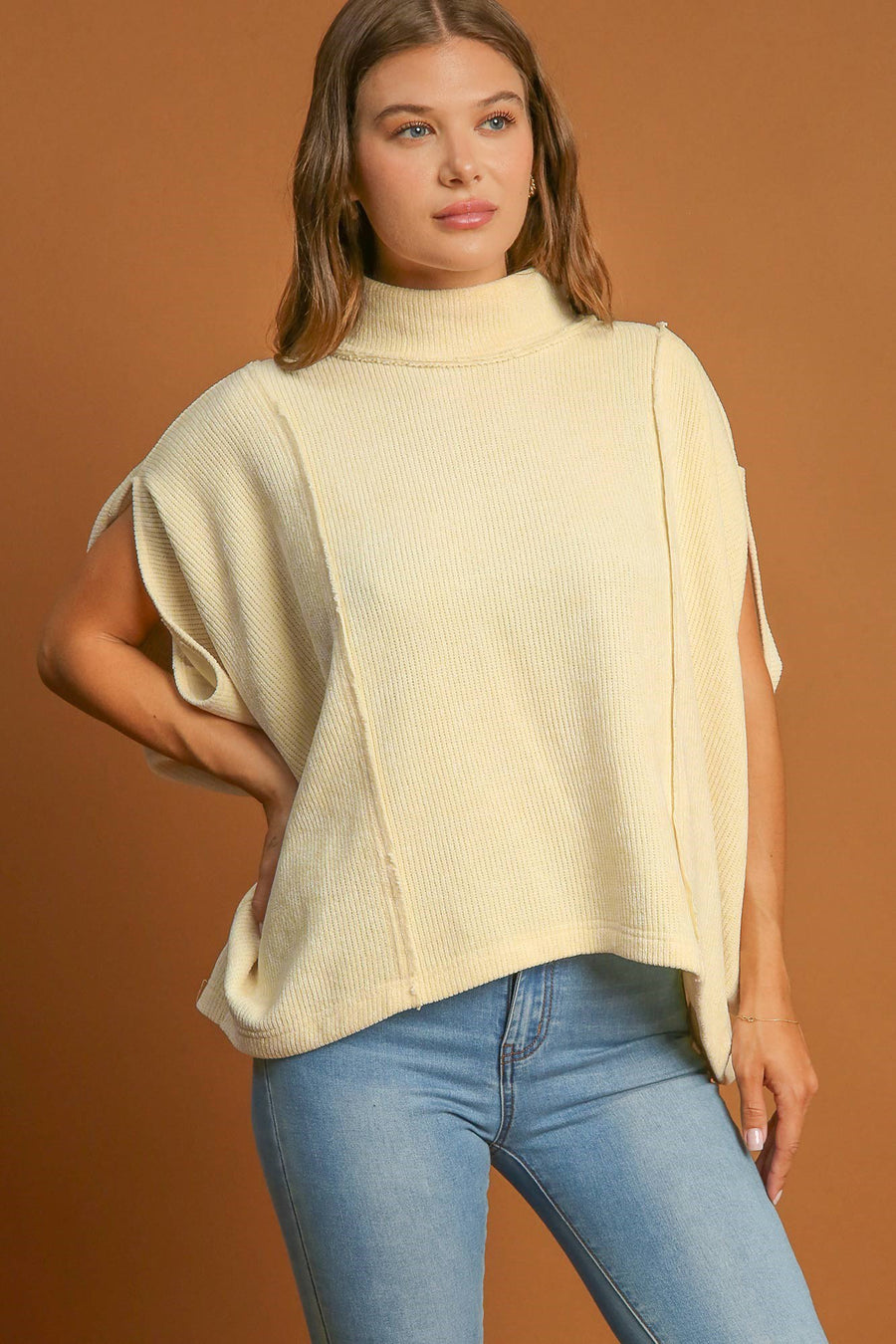 Umgee Solid Color Mock Neck Short Sleeve Top-Cream